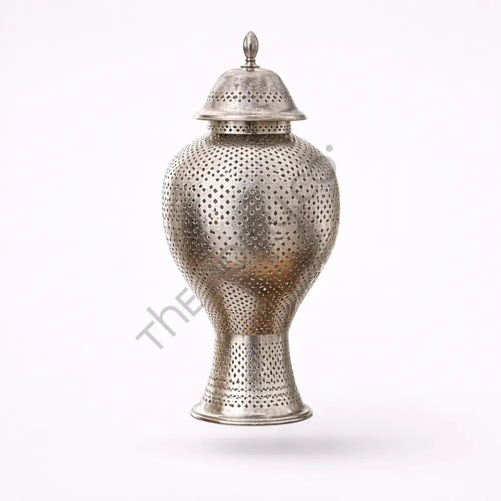 Moroccan Metal Jar with Lid | Silver Hammered Decorative Storage Jar - Showpieces
