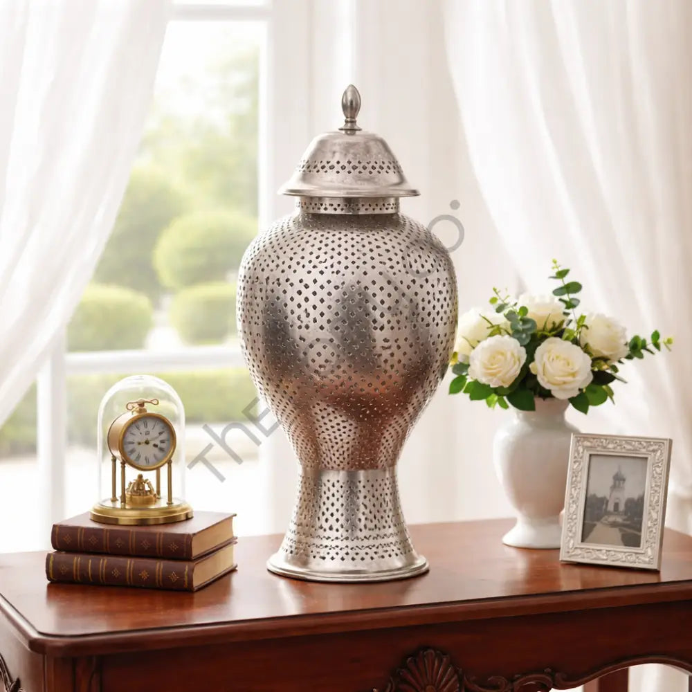 Moroccan Metal Jar with Lid | Silver Hammered Decorative Storage Jar - Showpieces
