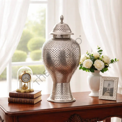 Moroccan Metal Jar with Lid | Silver Hammered Decorative Storage Jar - Showpieces
