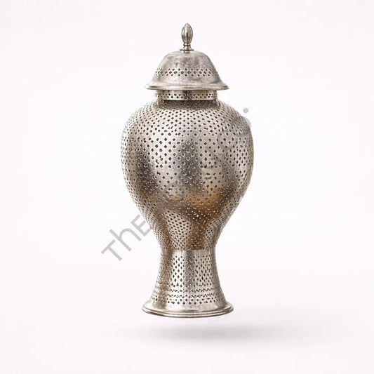 Moroccan silver hammered metal decorative storage jar with lid for luxury home decor. - 2