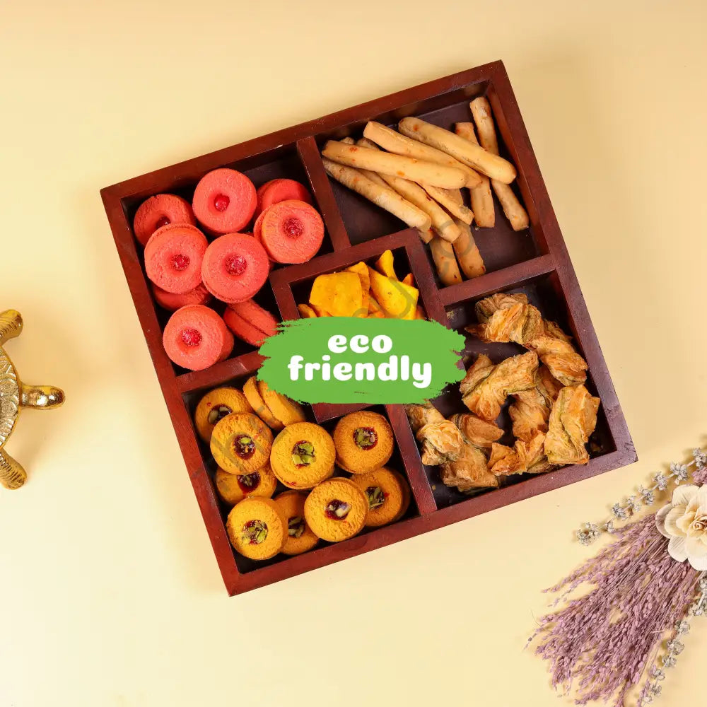Multi-compartment wooden serving platter and snack tray for appetizers and nuts. - 3