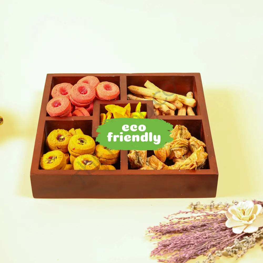 Multi-compartment wooden serving platter and snack tray for appetizers and nuts. - 5