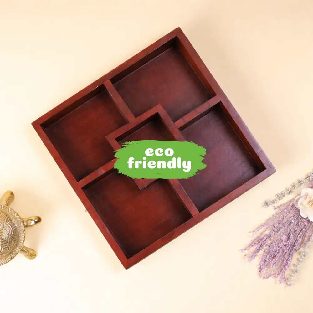 Multi-compartment wooden serving platter and snack tray for appetizers and nuts.