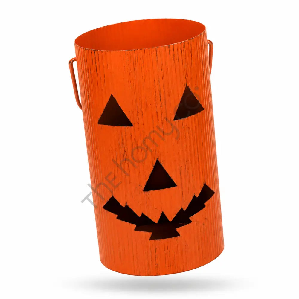Rustic orange jack-o-lantern metal bucket with spooky pumpkin face cutout for Halloween lantern decor. - 2