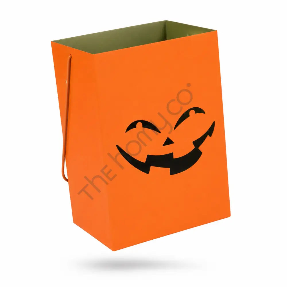 Orange metal jack-o-lantern lantern bag with a smiling pumpkin face cutout for Halloween home decor. - 2