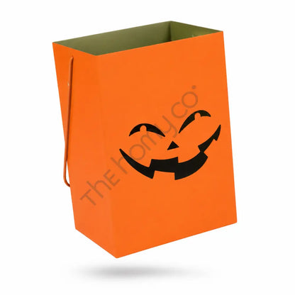 Orange metal jack-o-lantern lantern bag with a smiling pumpkin face cutout for Halloween home decor. - 2