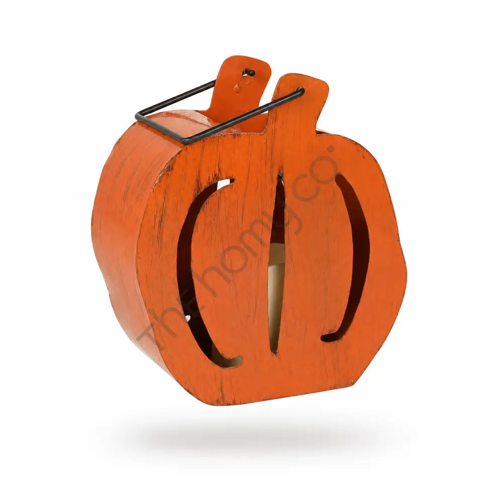 Rustic orange pumpkin Halloween lantern with a metal handle for farmhouse-style holiday decor. - 2