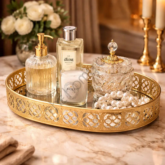 Oval Gold Mirror Vanity Tray | Decorative Makeup & Perfume Organizer - Metal & Glass