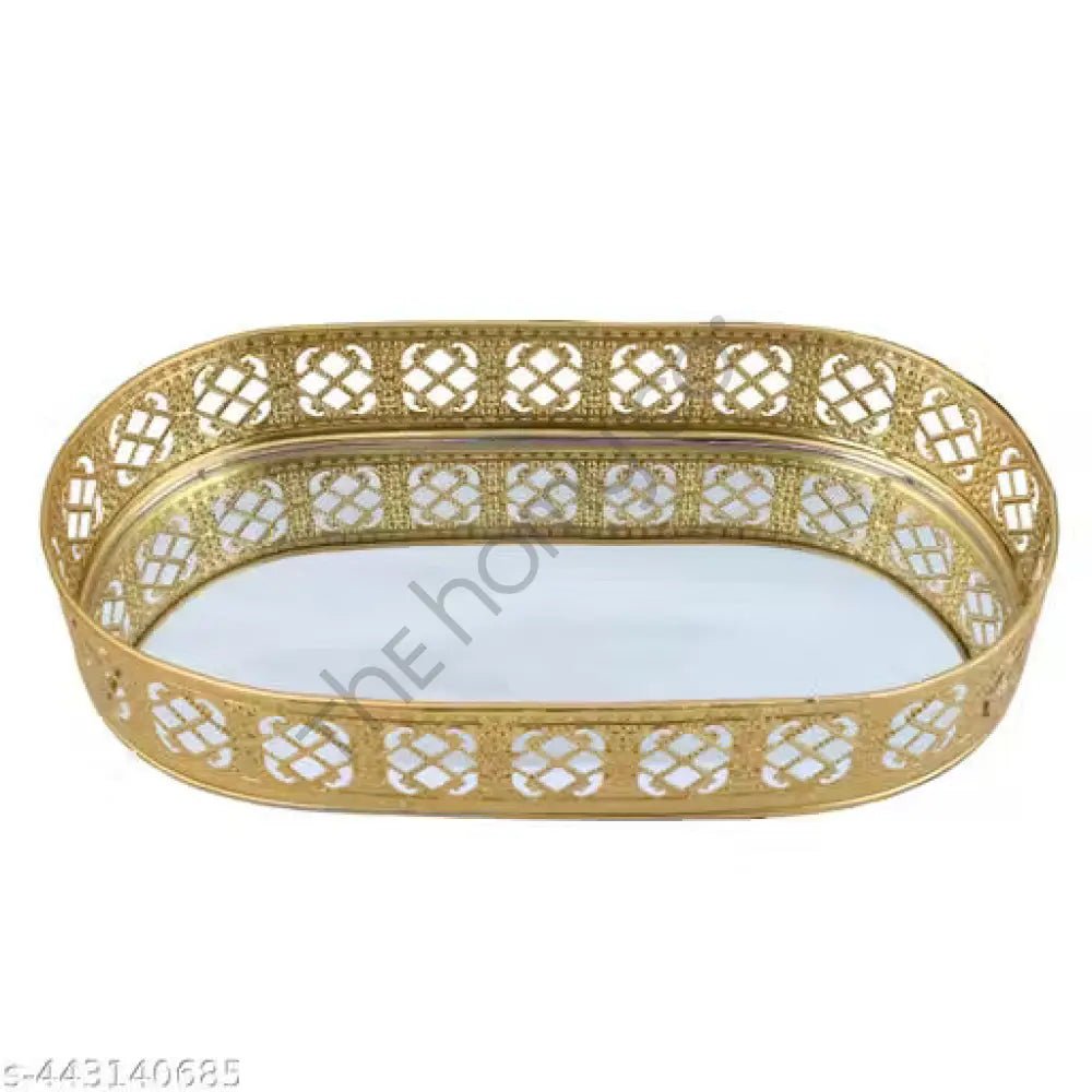Elegant oval gold mirror vanity tray with a decorative cutwork lattice border for perfume and jewelry organization. - 3