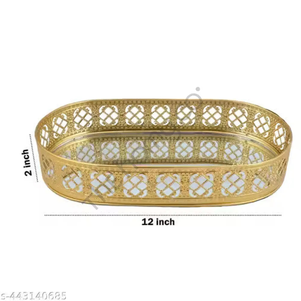 Elegant oval gold mirror vanity tray with a decorative cutwork lattice border for perfume and jewelry organization. - 4