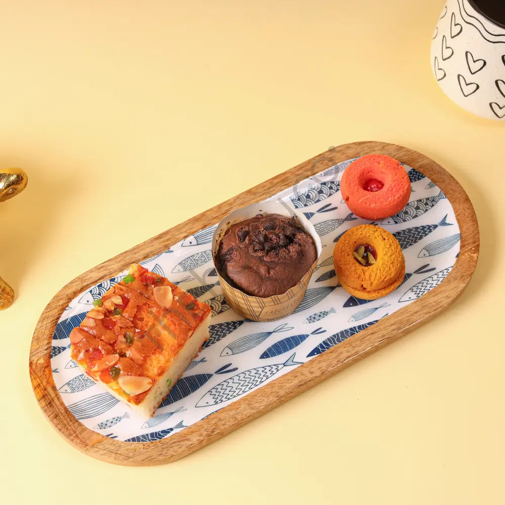 Oval wooden serving platter with decorative decaling for snacks and appetizers. - 2