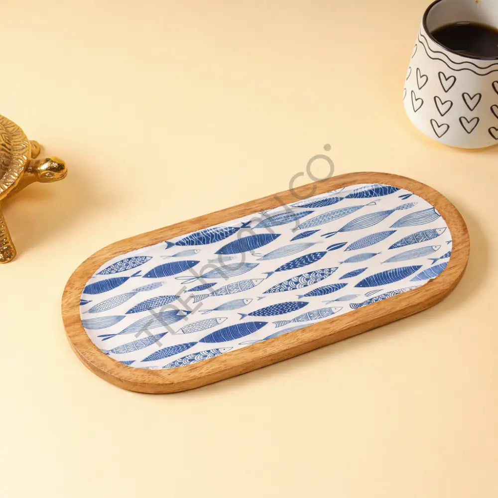 Oval wooden serving platter with decorative decaling for snacks and appetizers. - 5