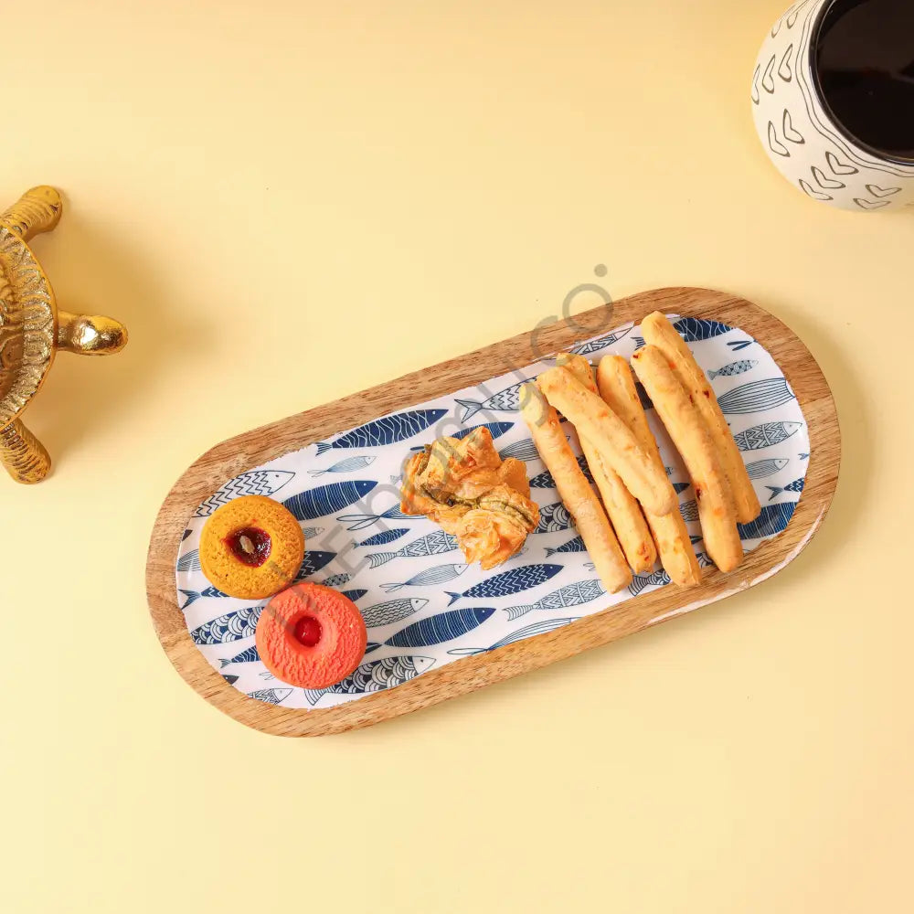 Oval wooden serving platter with decorative decaling for snacks and appetizers. - 4