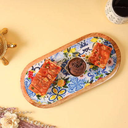 Oval Wooden Serving Platter with Decorative Floral Decaling | Wooden Snack & Appetizer Serving Tray - Platter