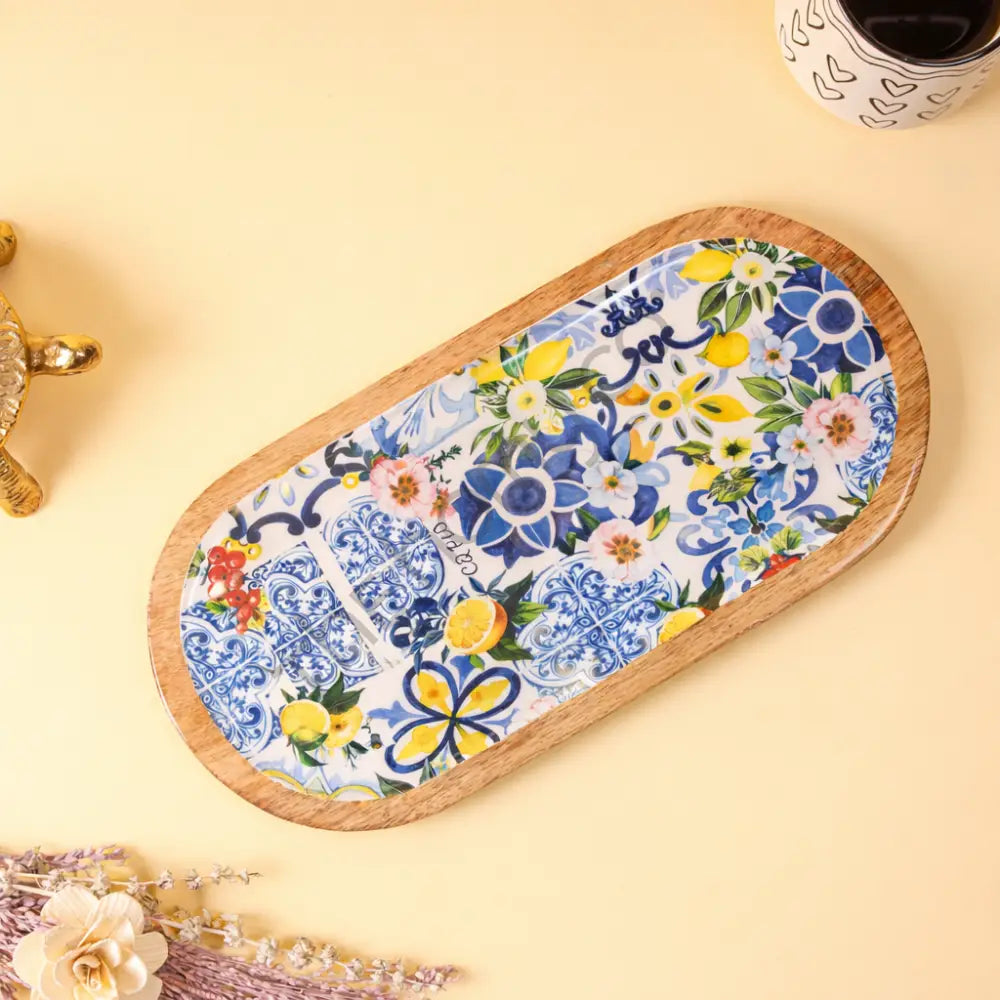 Oval Wooden Serving Platter with Decorative Floral Decaling | Wooden Snack & Appetizer Serving Tray - Platter