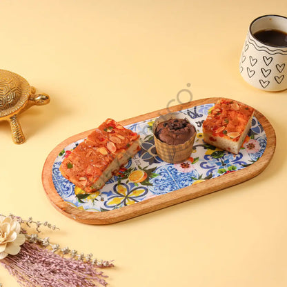 Oval Wooden Serving Platter with Decorative Floral Decaling | Wooden Snack & Appetizer Serving Tray - Platter