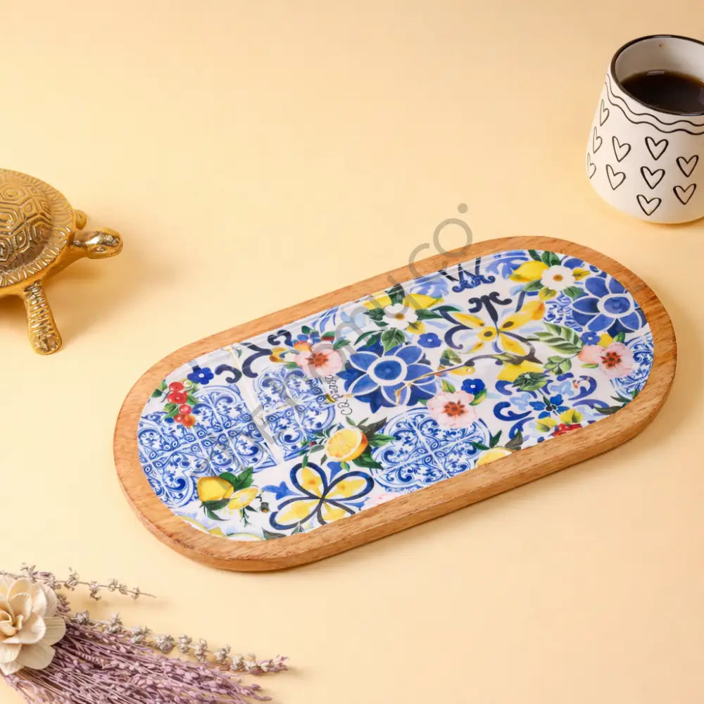 Oval Wooden Serving Platter with Decorative Floral Decaling | Wooden Snack & Appetizer Serving Tray - Platter