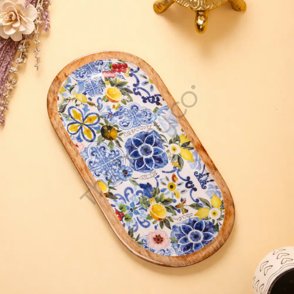 Oval Wooden Serving Platter with Decorative Floral Decaling | Wooden Snack & Appetizer Serving Tray - Platter