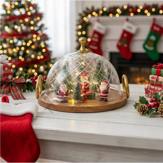 Premium Cake Stand with Glass Dome Cover | Wooden Serving Tray with Handles - Cake Stands