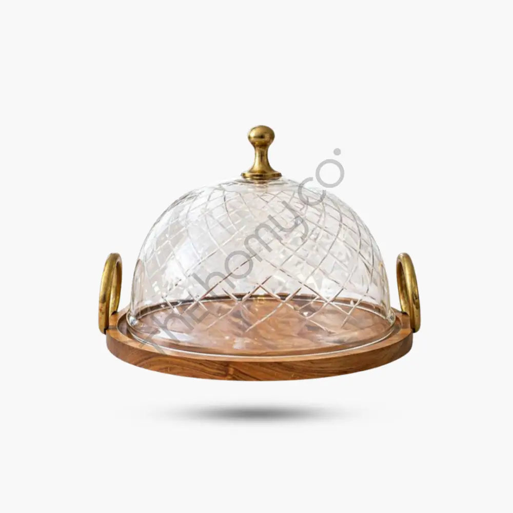 Premium Cake Stand with Glass Dome Cover | Wooden Serving Tray with Handles - Cake Stands