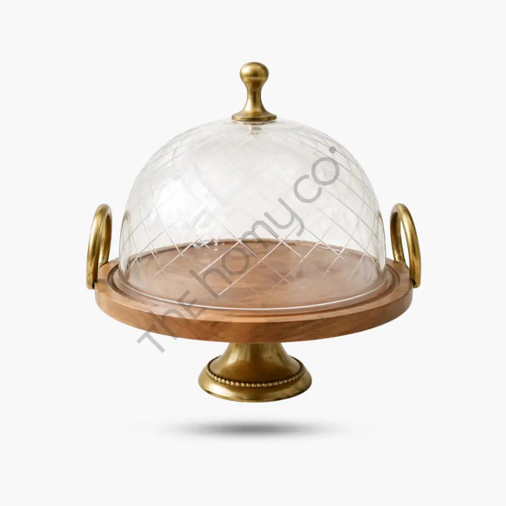 Premium wooden cake stand with a glass dome and brass-finish handles for dessert display.