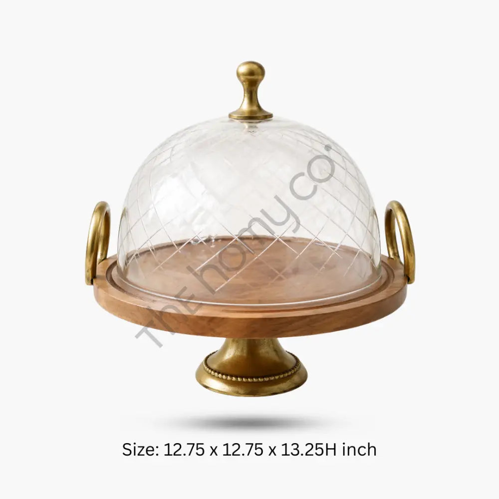 Premium wooden cake stand with a glass dome and brass-finish handles for dessert display. - 4