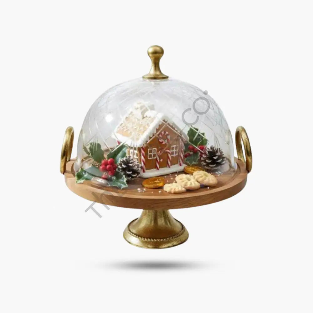 Premium wooden cake stand with a glass dome and brass-finish handles for dessert display. - 3