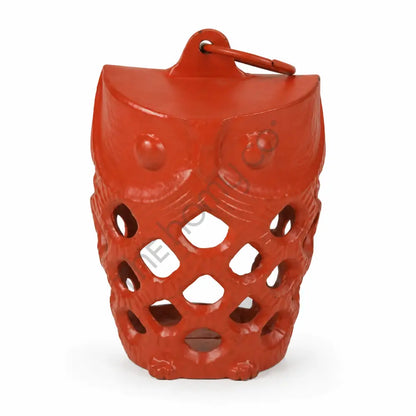 Red owl metal cutwork candle holder lantern with intricate perforated design for festive home decor.