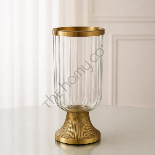 Ribbed glass hurricane candle holder with a gold metal base for elegant home decor. - 2