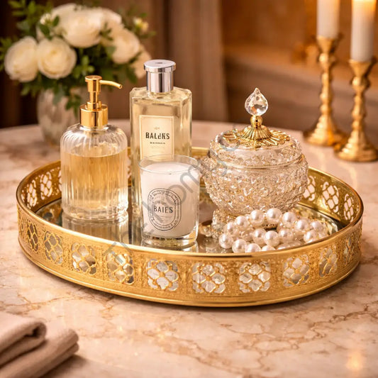 Round Gold Mirror Vanity Tray | Decorative Makeup & Perfume Organizer - Metal & Glass