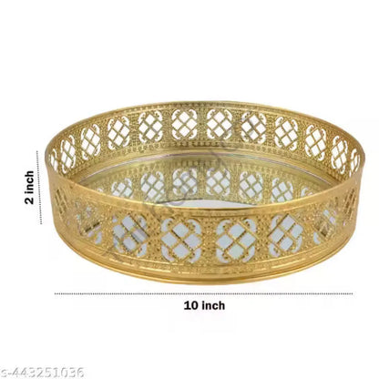 Round gold mirror vanity tray with decorative cutwork metal border for organizing perfumes and jewelry. - 5