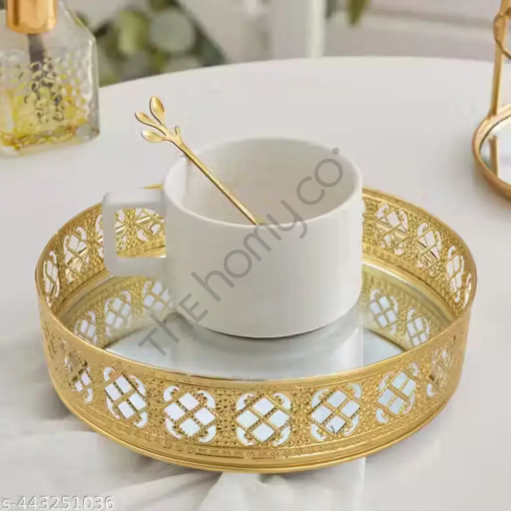 Round gold mirror vanity tray with decorative cutwork metal border for organizing perfumes and jewelry. - 3
