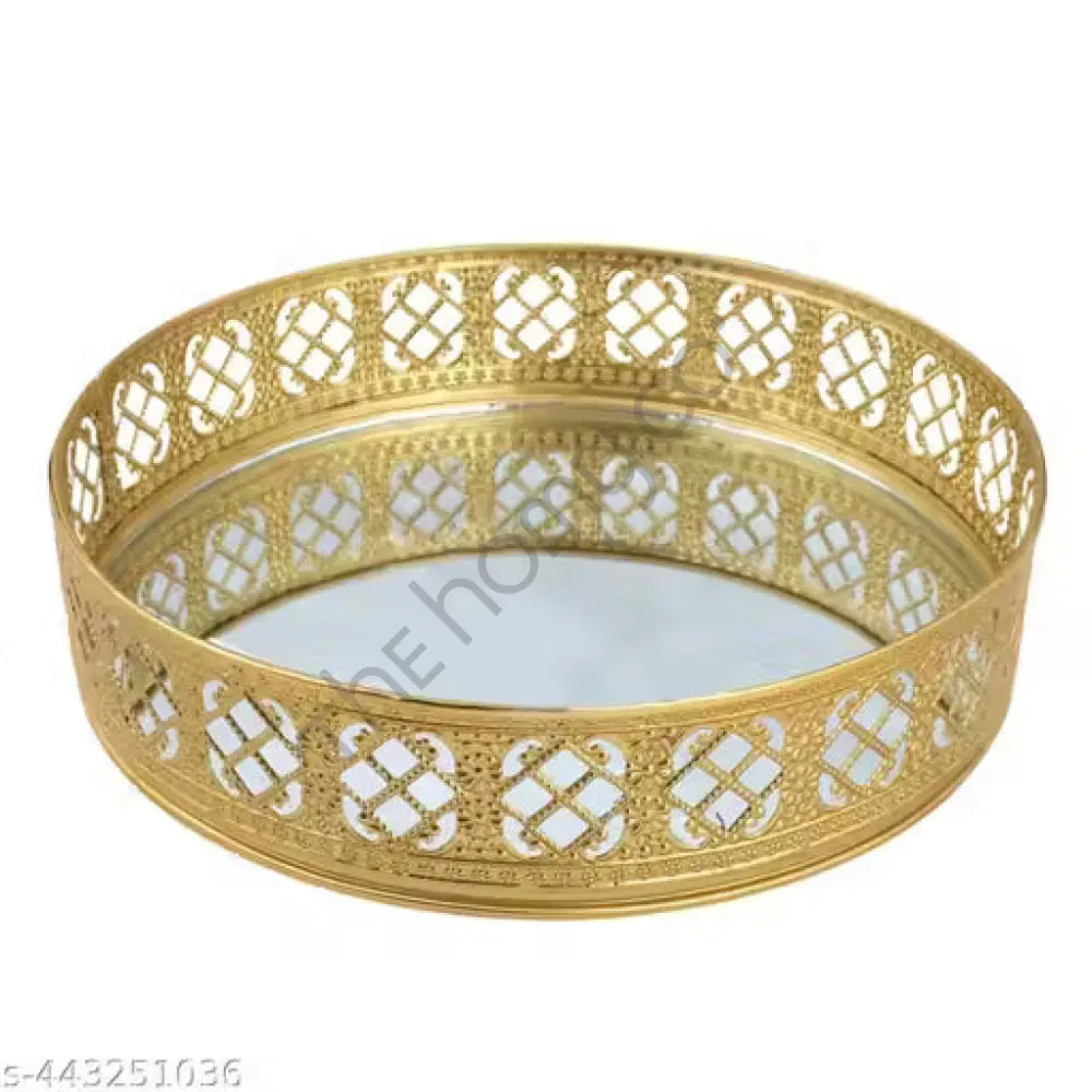 Round gold mirror vanity tray with decorative cutwork metal border for organizing perfumes and jewelry. - 4