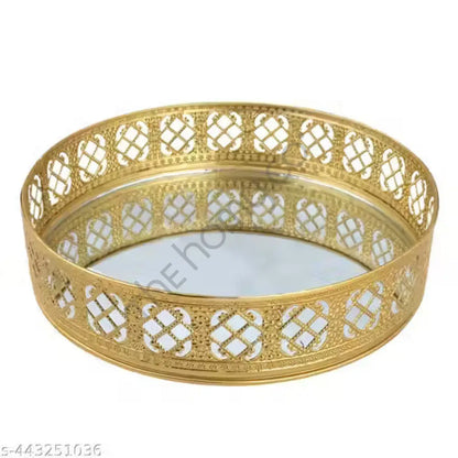 Round gold mirror vanity tray with decorative cutwork metal border for organizing perfumes and jewelry. - 4