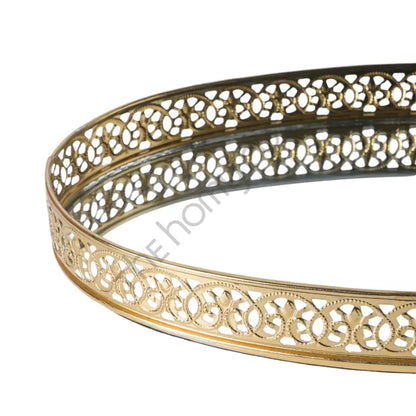 Round gold mirror vanity tray with decorative metal cutwork border for perfume and makeup organization. - 8