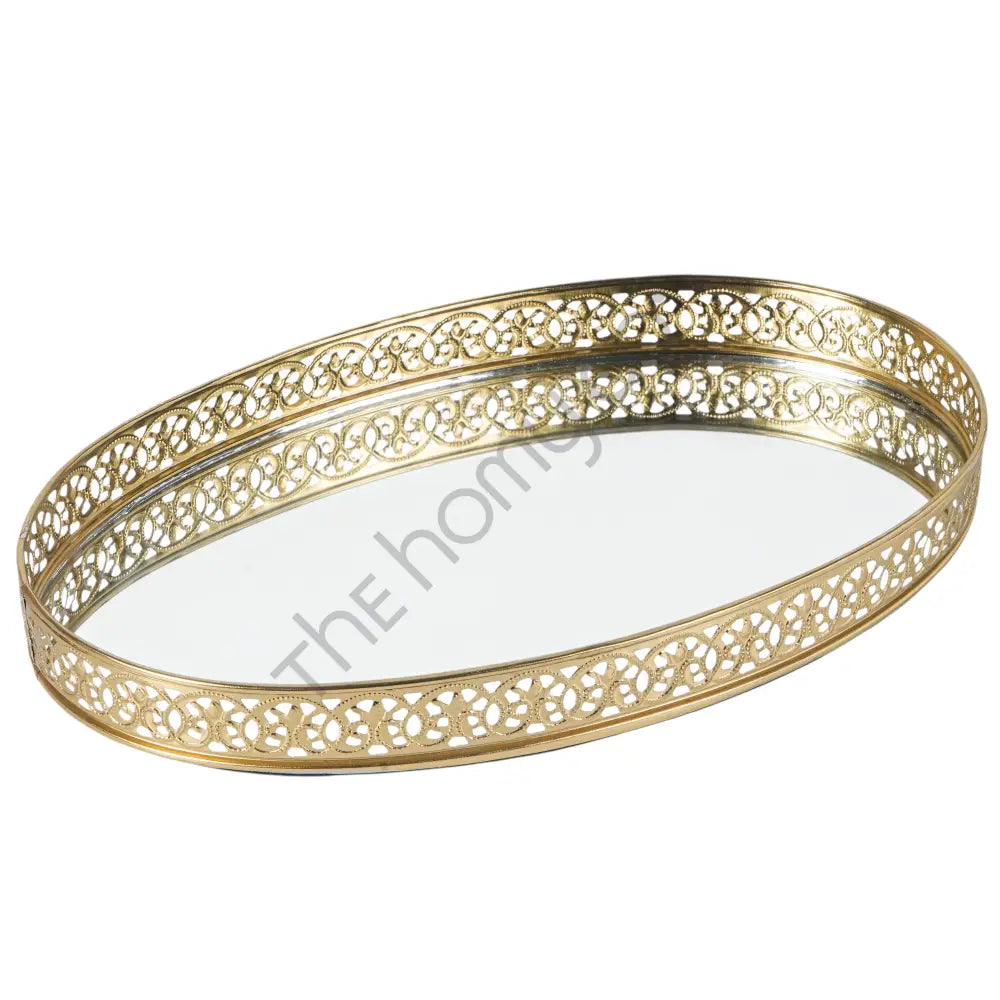 Round gold mirror vanity tray with decorative metal cutwork border for perfume and makeup organization. - 6
