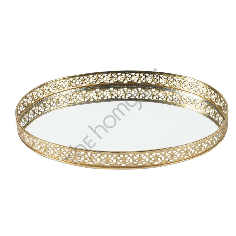 Round gold mirror vanity tray with decorative metal cutwork border for perfume and makeup organization. - 7
