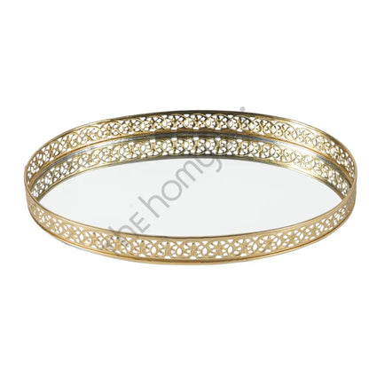 Round gold mirror vanity tray with decorative metal cutwork border for perfume and makeup organization. - 7