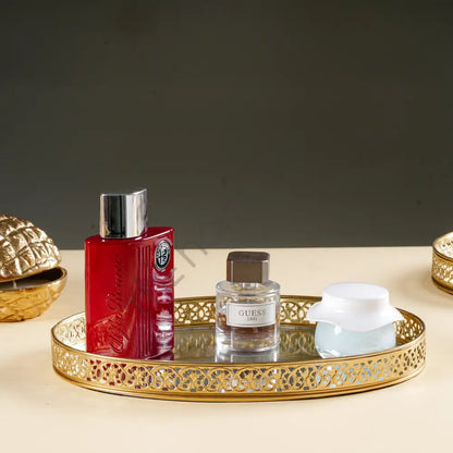 Round gold mirror vanity tray with decorative metal cutwork border for perfume and makeup organization. - 4