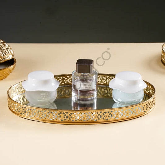 Round Gold Mirror Vanity Tray | Decorative Perfume & Makeup Organizer - Metal & Glass