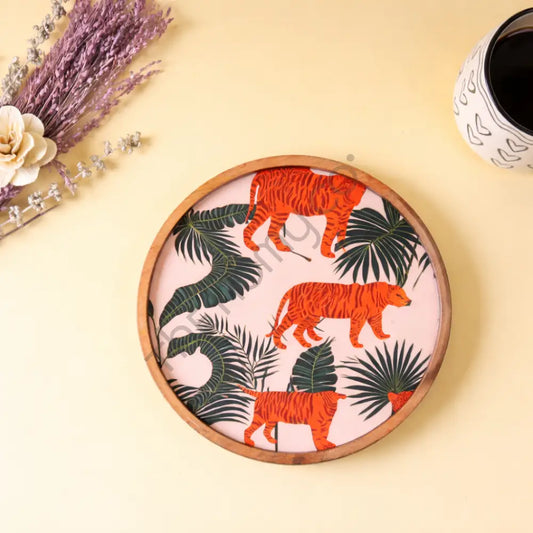 Round Wooden Platter with Jungle Decaling | Decorative Snack & Serving Platter | Handcrafted Wooden Tableware - Platter