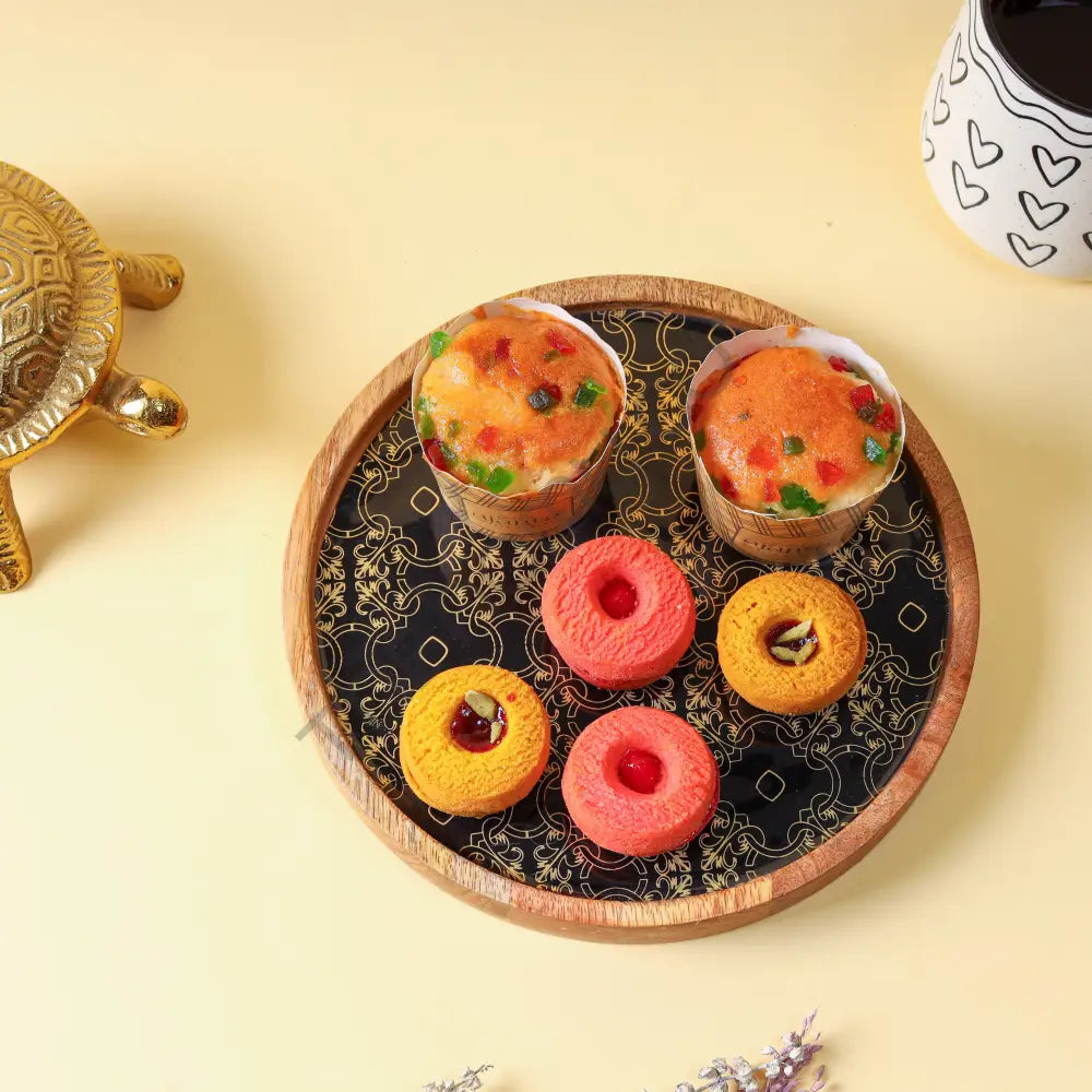 Round wooden serving tray with elegant decorative decal for snacks and tea. - 3