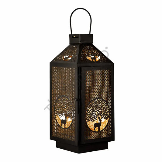 Black metal rustic deer and tree cutout lantern candle holder for tabletop home decor.