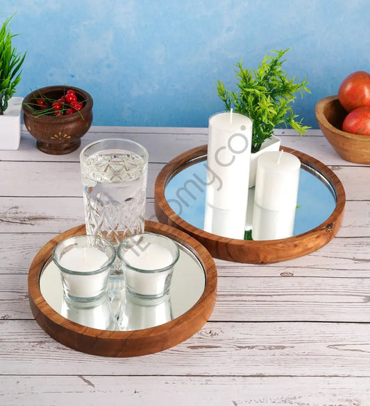 Set of 2 Decorative Mirror Trays with Wooden Frame | Tabletop Display Tray - Wooden Tray
