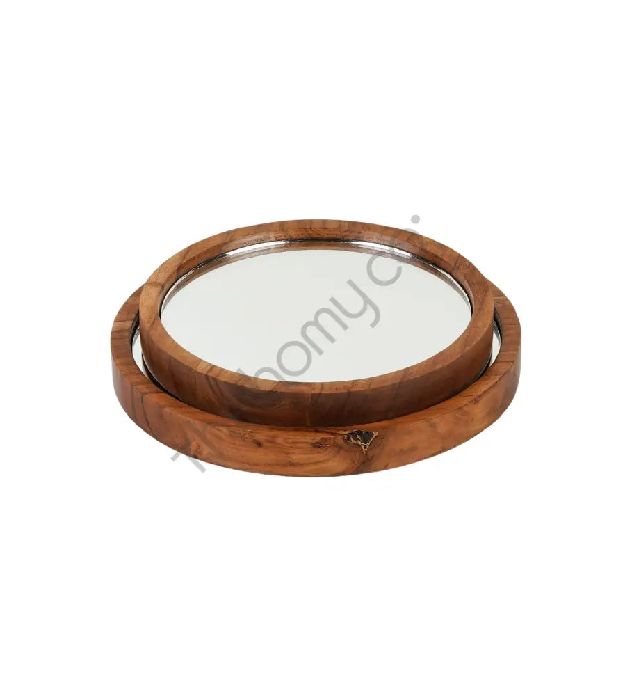 Set of 2 round wooden mirror trays for tabletop display and home decor organization. - 2