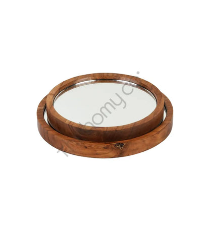 Set of 2 round wooden mirror trays for tabletop display and home decor organization. - 2