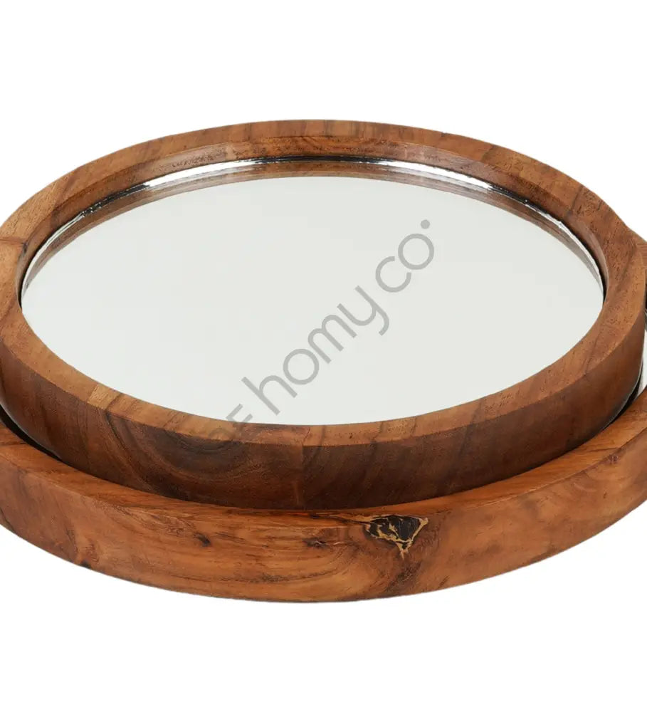 Set of 2 round wooden mirror trays for tabletop display and home decor organization. - 6