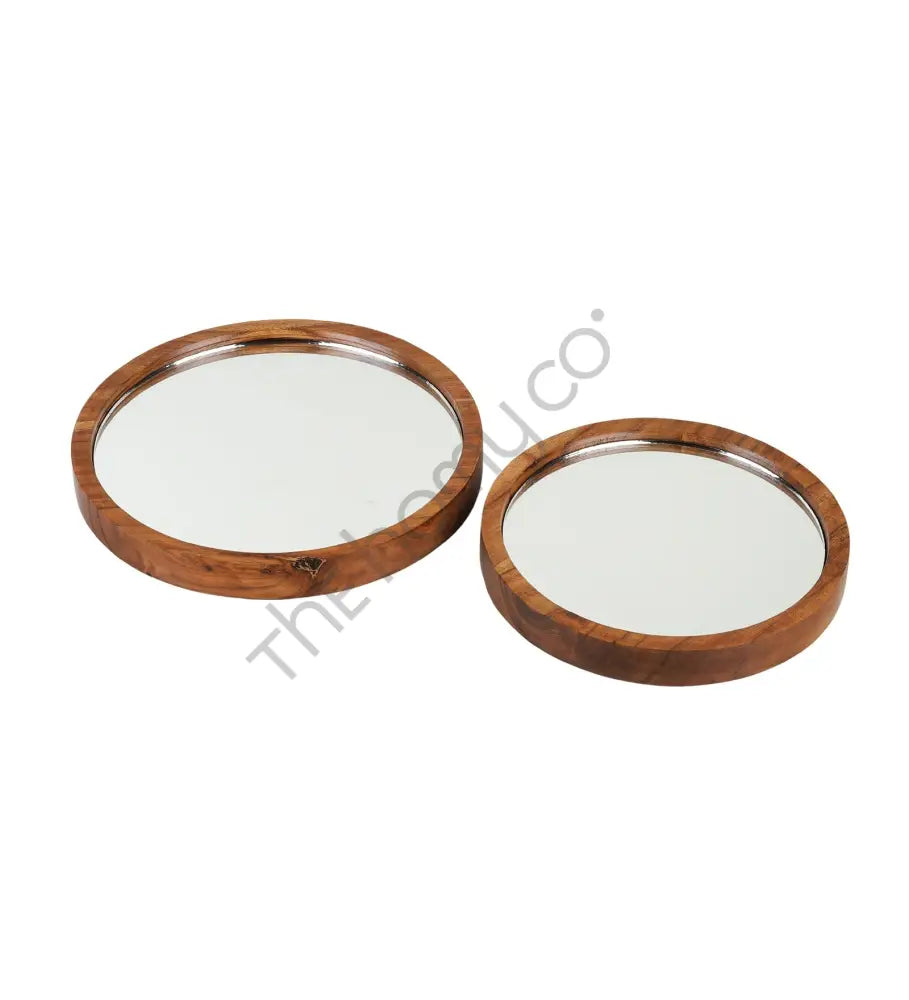 Set of 2 round wooden mirror trays for tabletop display and home decor organization. - 4
