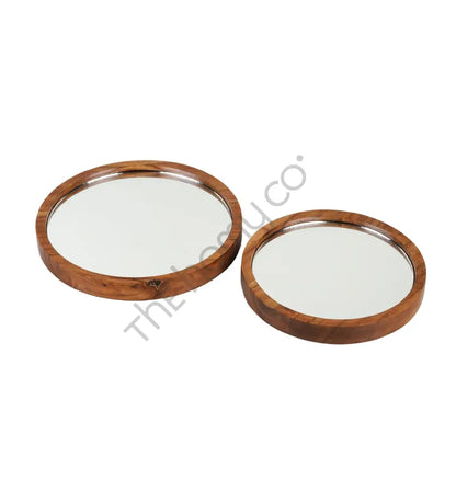 Set of 2 round wooden mirror trays for tabletop display and home decor organization. - 4