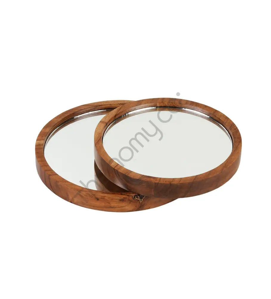 Set of 2 round wooden mirror trays for tabletop display and home decor organization. - 3